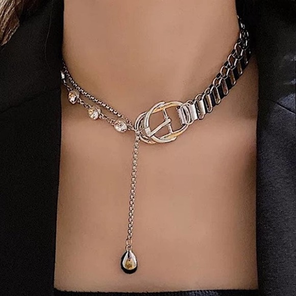 WHITE GOLD PLATED BUCKLE PUNK CHAIN RHINESTONE DROP CHOKER NECKLACE - Picture 3 of 9